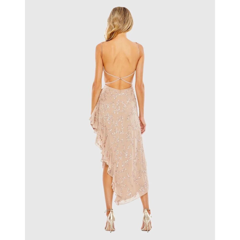 Mac Duggal NWT Sequined Faux Wrap Ruffle Asymmetrical Hem Dress in Mocha Size 14 - Picture 3 of 8